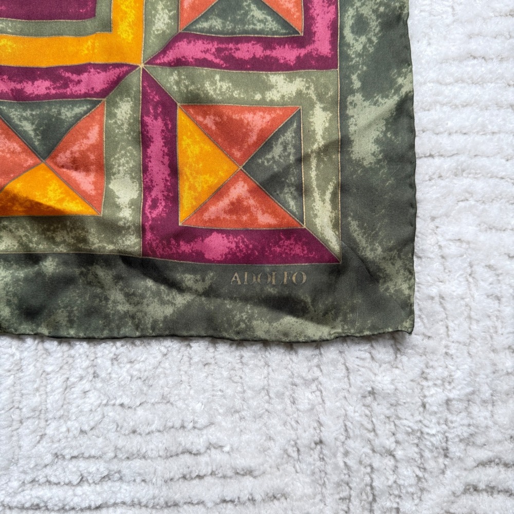 Adolfo Scarf Green Orange Geometric Tile Print Vintage Square Boho Art Deco Mod - Picture 2 of 6
